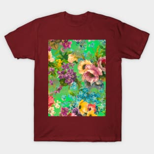 Vintage floral garden, shabby chic, vintage botanical, flowers illustration, green vintage floral pattern T-Shirt